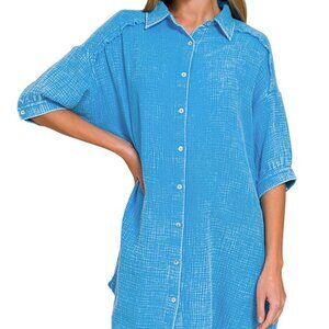 Zenana Deep Sky Blue Acid-Washed Double Gauze Button Down Pockets Shirt Dress‎